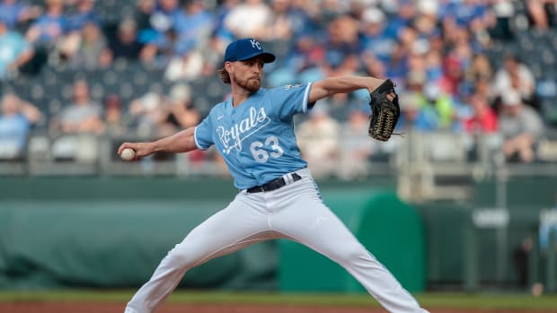 Jun 4, 2022; Kansas City, Missouri, USA; Kansas City Royals relief pitcher Josh Staumont (63) throws against the Houston Astros during the eighth inning at Kauffman Stadium. Mandatory Credit: William Purnell-USA TODAY Sports